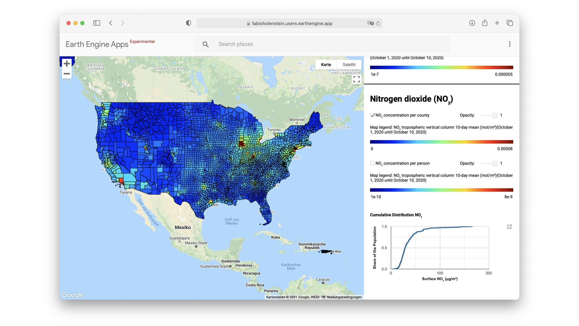 Visualization of the average NO2 concentration in the US on a per-county bassi. This app is available <a href='https://fabioholenstein.users.earthengine.app/view/anthropogenic-emissions-in-the-3144-counties-of-the-usa'>online</a>.