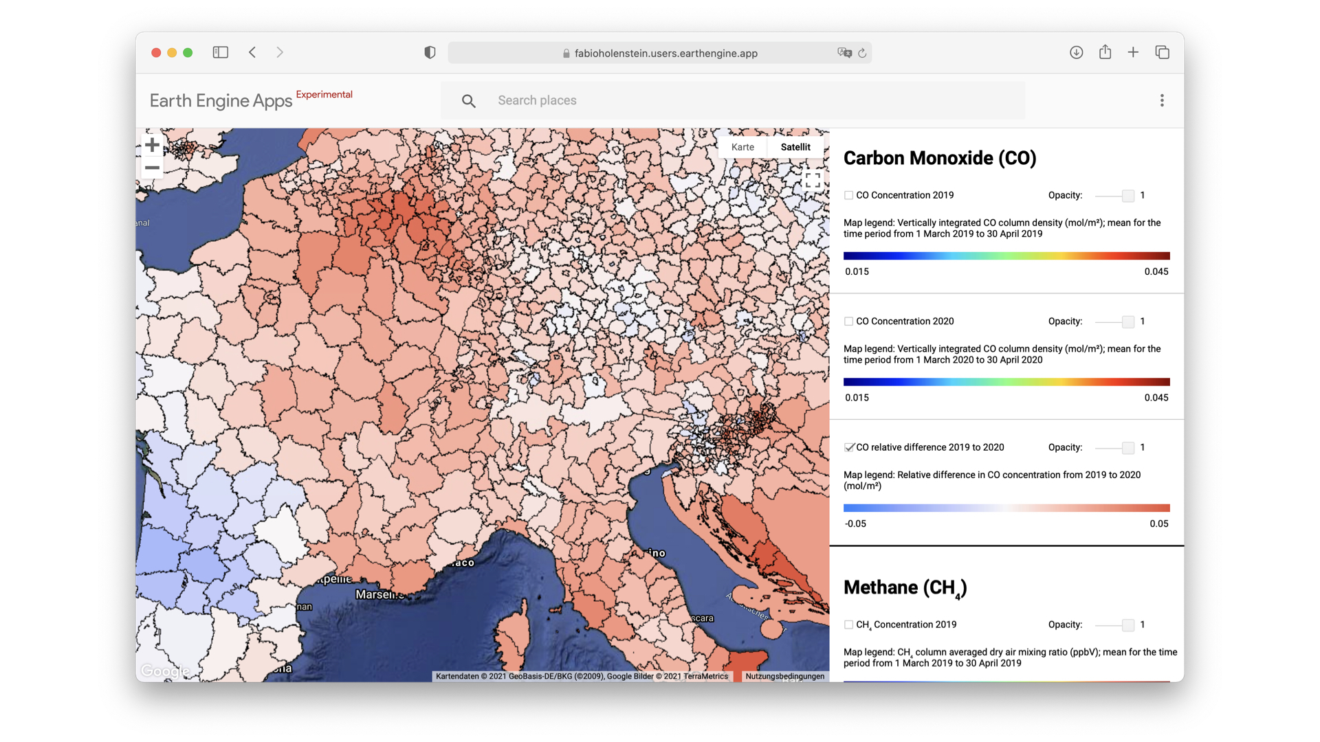 Visualization of the effects of the CoViD-19 pandemic on air pollution Europe. This app is available <a href='https://fabioholenstein.users.earthengine.app/view/anthropogenic-sources-of-air-pollution-in-europe'>online</a>.