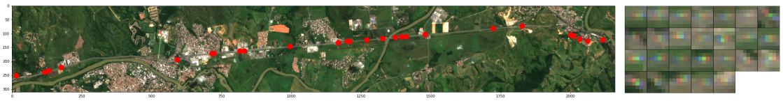 We test our object detection approach on out-of-distribution satellite imagery for different continents. In this example, the trained model correctly identifies all CVs on a freeway section in Brazil (extracted detections shown on the right).