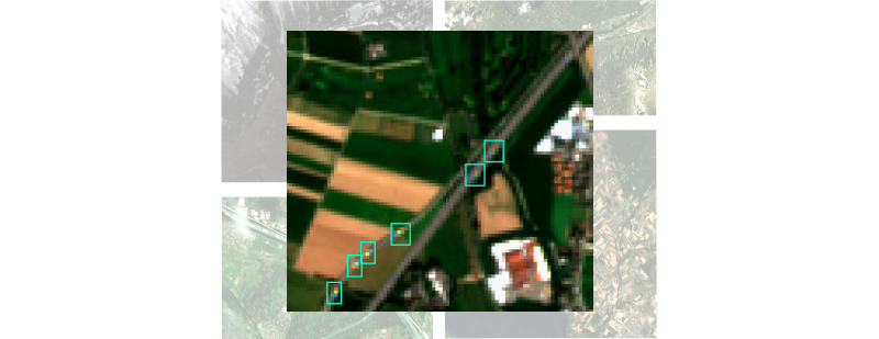 Green boxes indicate commercial vehicles (CV) as they move on a Swiss freeway section. Due to a delay in the imaging of the different channels, moving objects exhibit a characteristic rainbow-like appearance in Sentinel-2 images. This project exploits this characteristic feature to identify and measure commercial vehicle traffic from space.