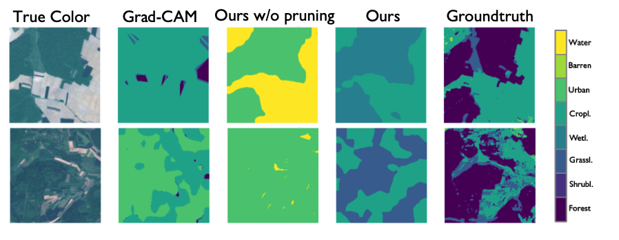 Qualitative comparison of our results, from left to right: Sentinel-2 true color(RGB), pseudomask generated from Grad-CAM, pseudomask generated using our method, pseudomask generated using our method with pruning, and finally the groundtruth